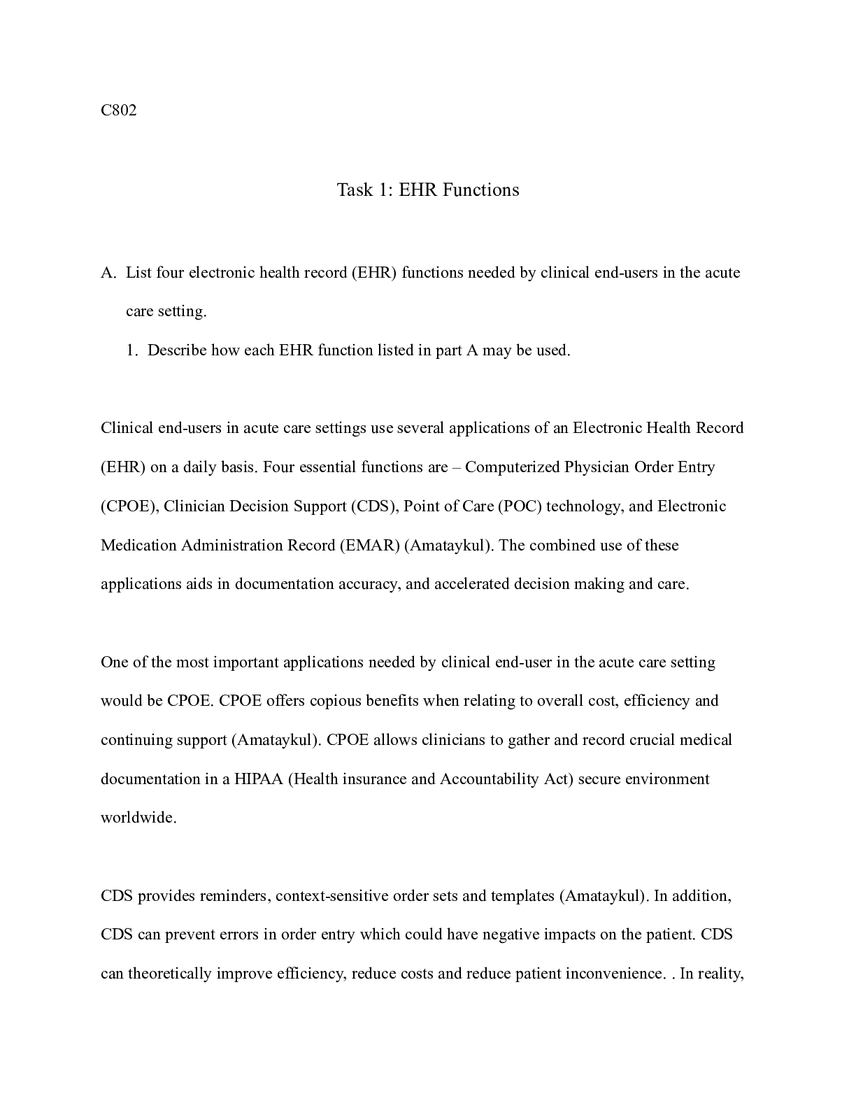 Preview of C802 task1.docx  C802  Task 1: EHR Functions  A.Â  ListÂ fourÂ electronic health record (E